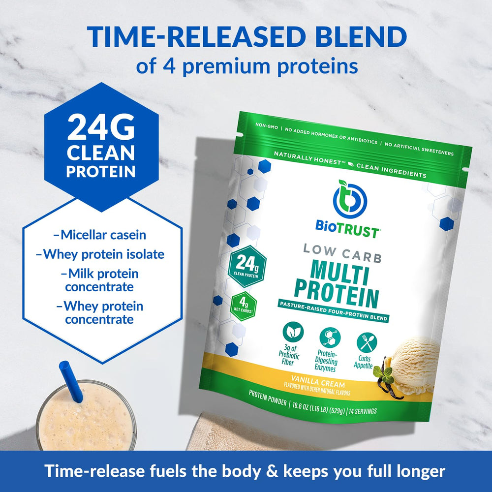 BioTrust vanilla powder scoop beside glass for quick post-workout fuel
