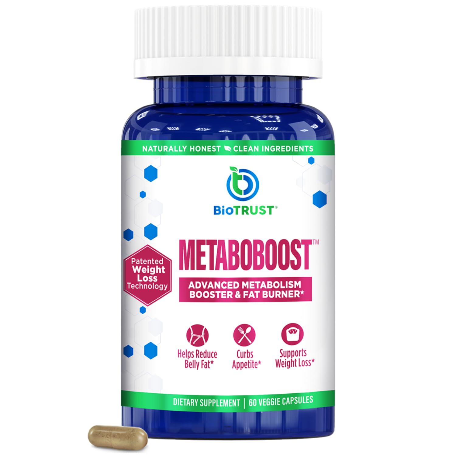 BioTrust MetaboBoost bottle close-up with clear label and capsules for daily use and appetite support