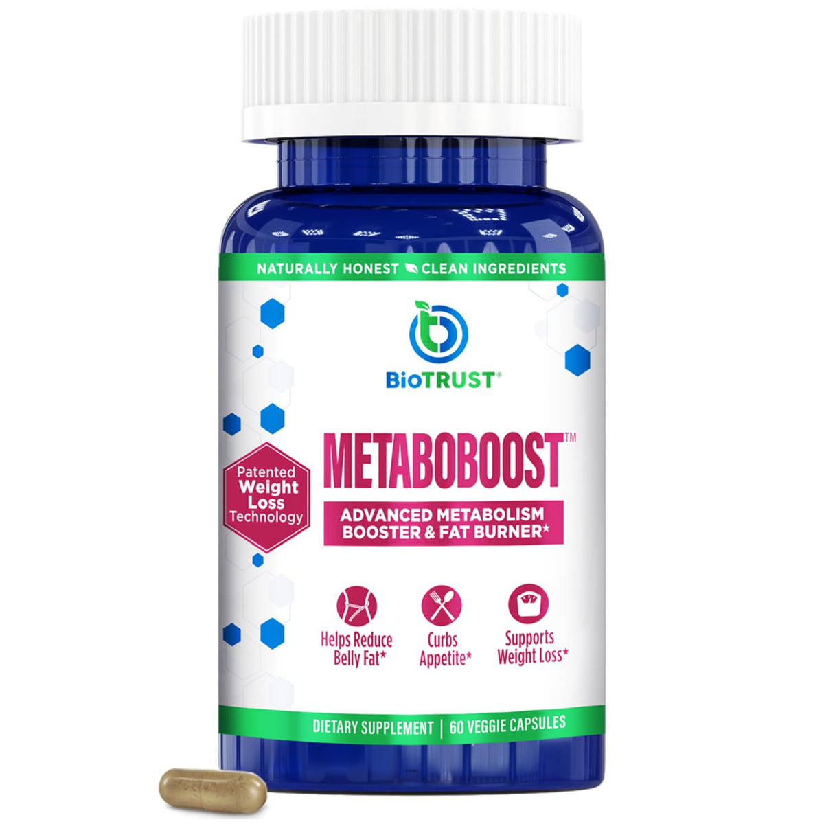 BioTrust MetaboBoost bottle close-up with clear label and capsules for daily use and appetite support