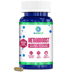BioTrust MetaboBoost bottle close-up with clear label and capsules for daily use and appetite support