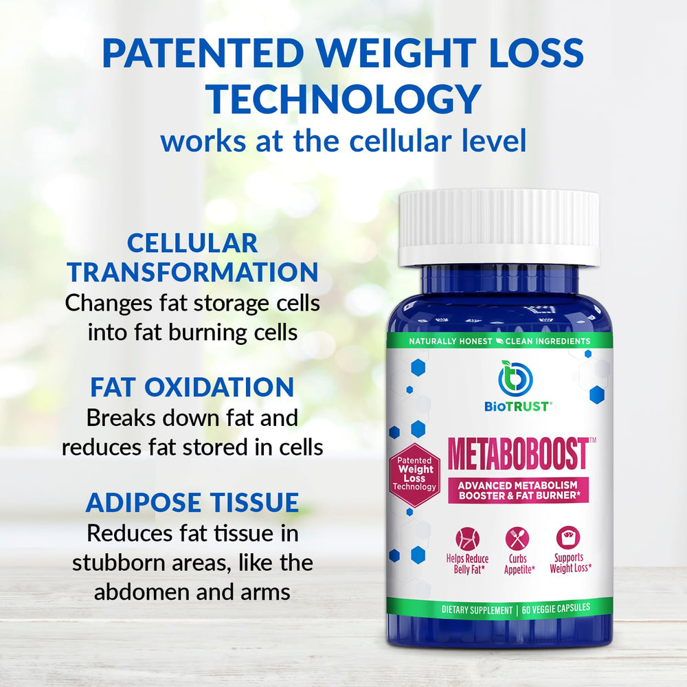 BioTrust MetaboBoost bottle tilted to pour capsules suggesting easy daily routine