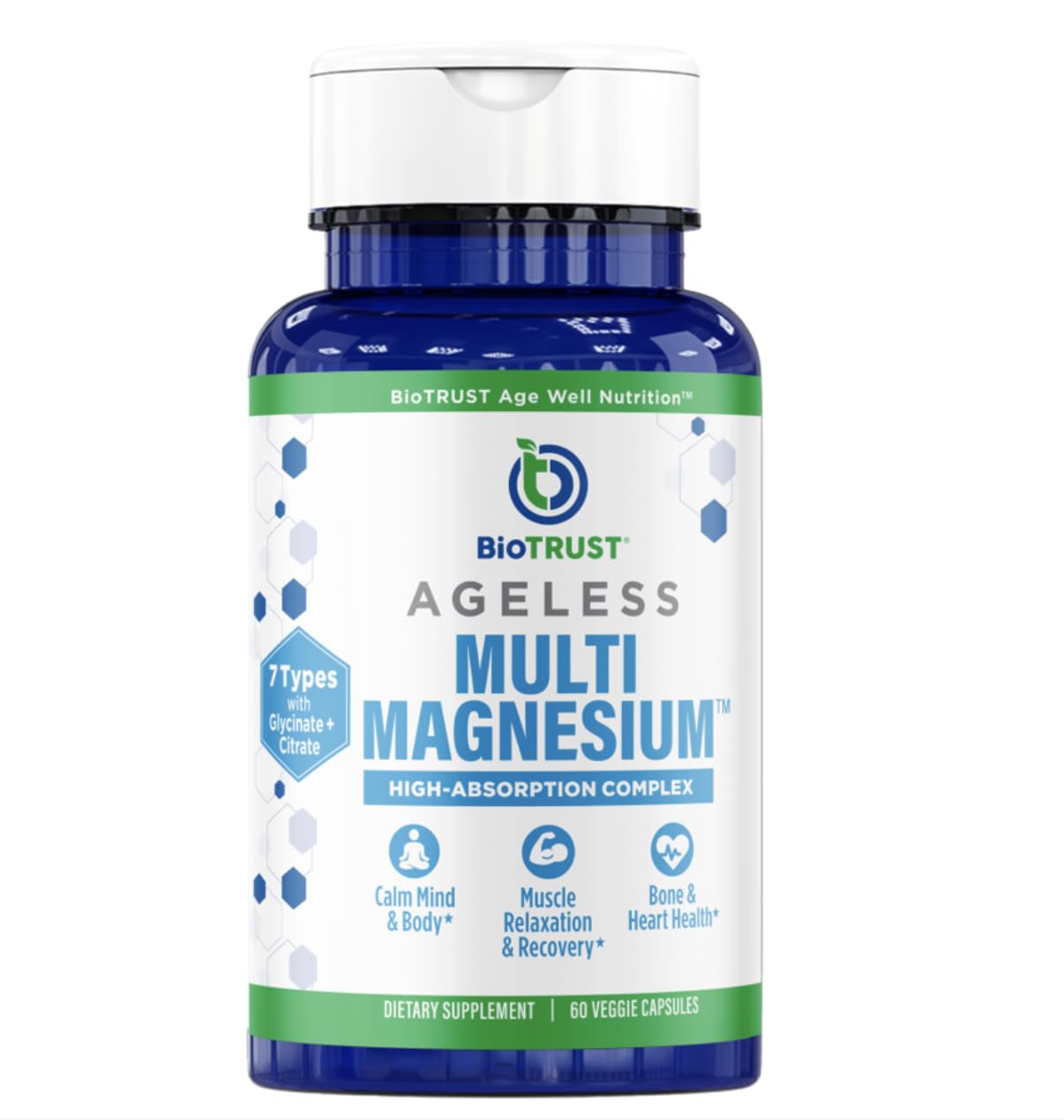 BioTrust Multi Magnesium Complex bottle on a desk promoting daily calm and focus