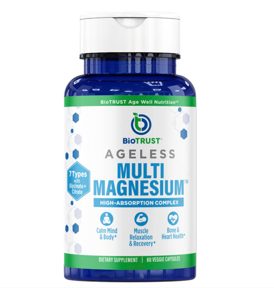 BioTrust Multi Magnesium Complex bottle on a desk promoting daily calm and focus