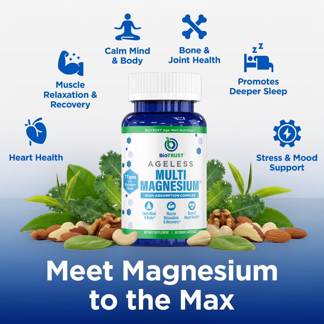 Closeup of BioTrust Multi Magnesium Complex capsules for steady energy