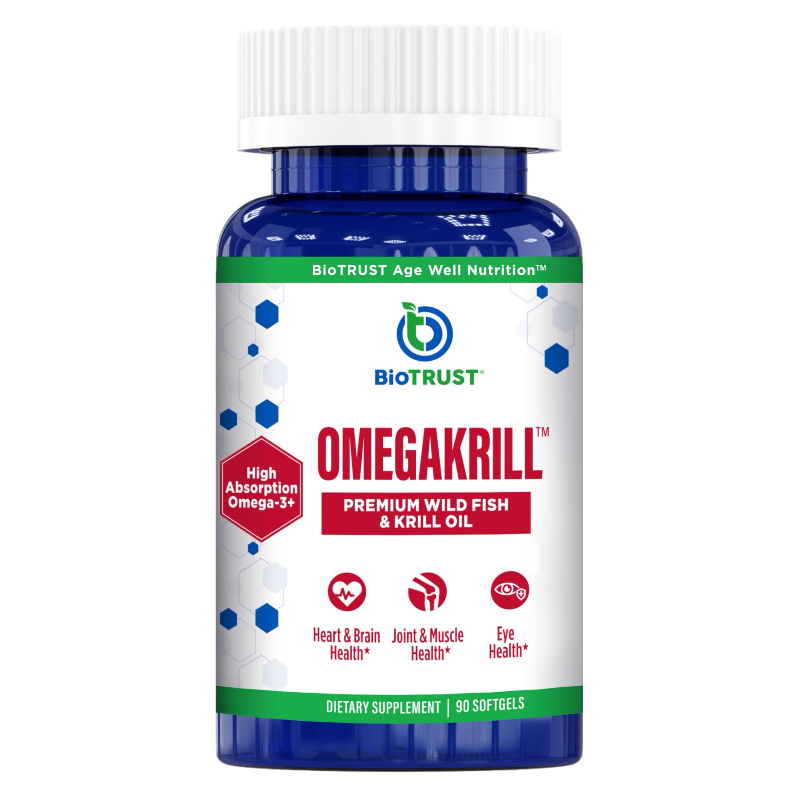 BioTrust OmegaKrill bottle front with clean label for DHA-rich blend and potential daily support