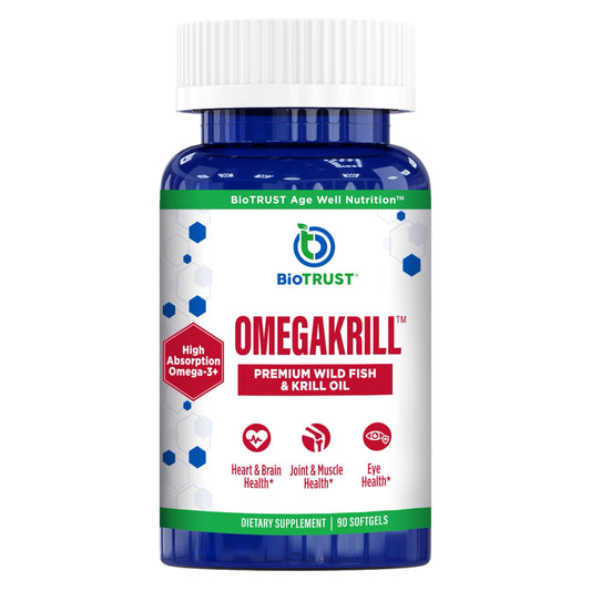 BioTrust OmegaKrill bottle front with clean label for DHA-rich blend and potential daily support