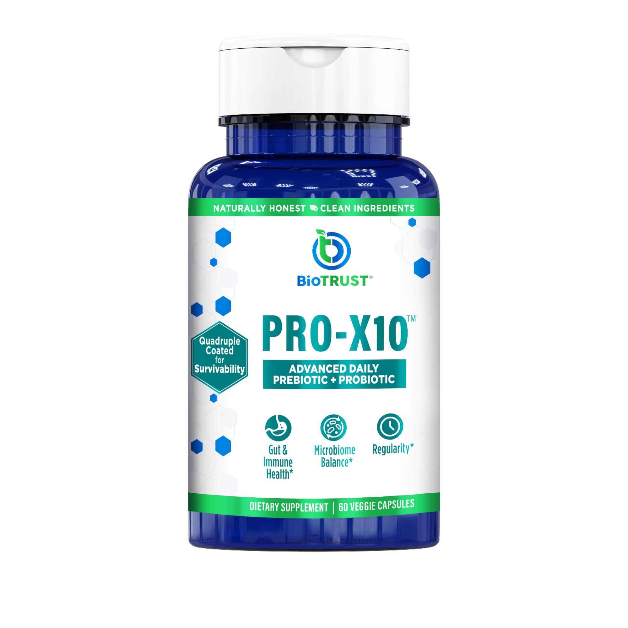 BioTrust Pro-X10 2.0 probiotic bottle promoting digestive balance and daily wellness.