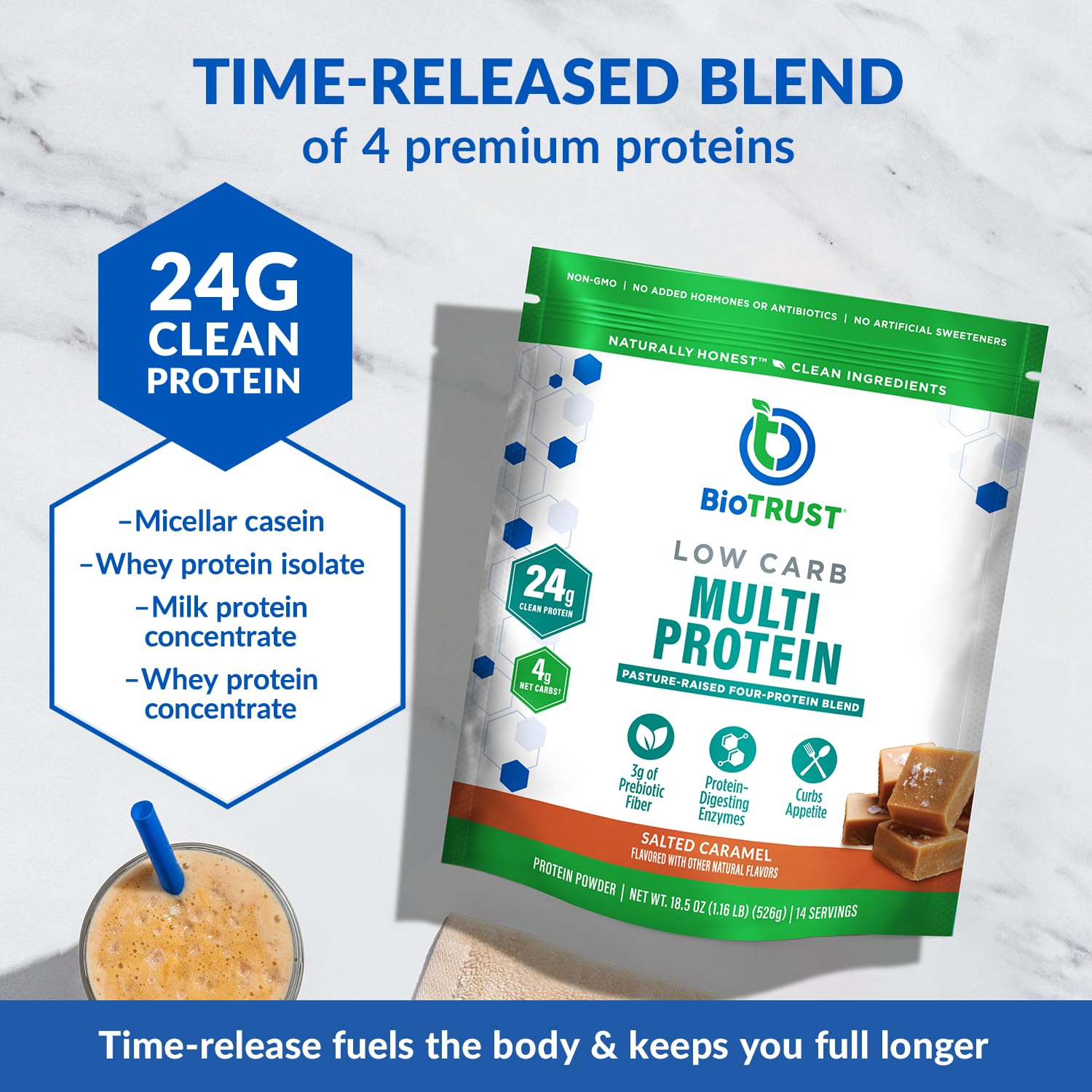 BioTrust salted caramel protein scoop ready to mix into beverages.
