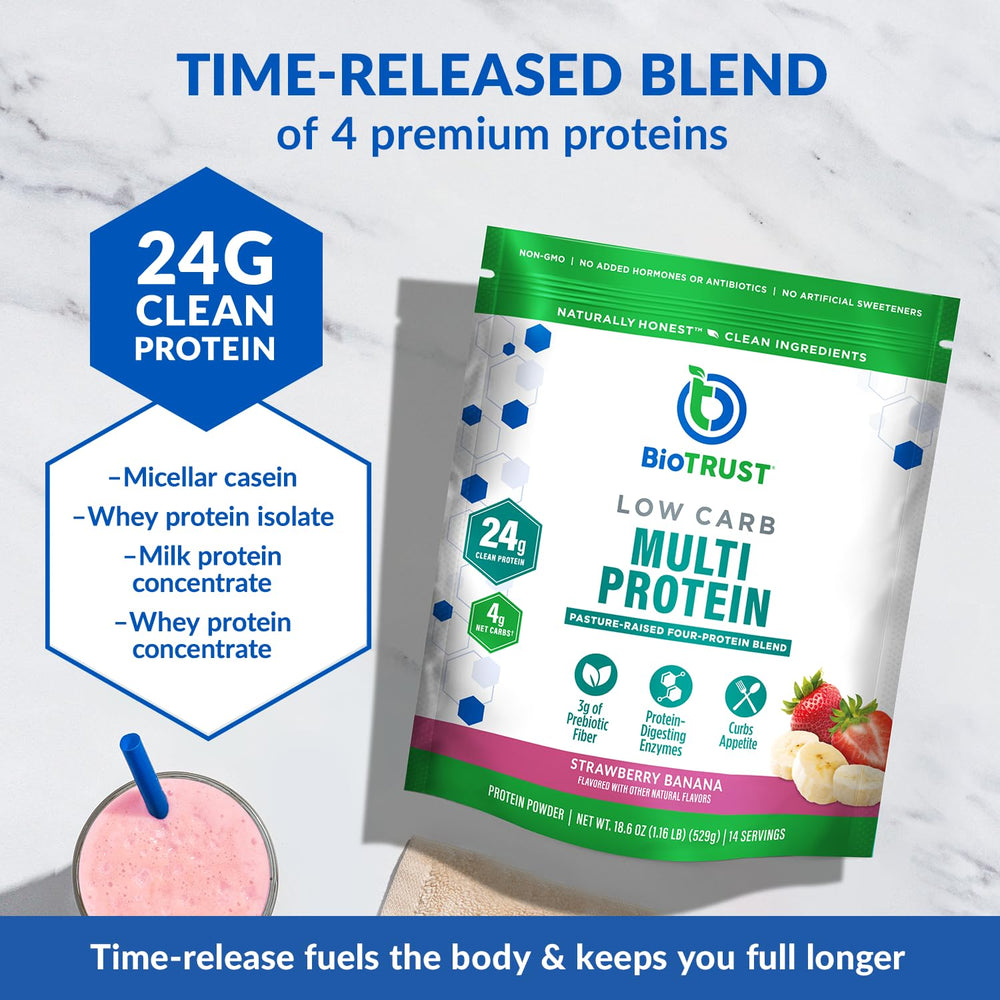 BioTrust Strawberry Banana shake glass ready for a post-workout drink