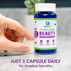 BioTrust Timeless Beauty label design showcasing product benefits and usage guidance.