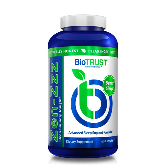BioTRUST Zen-Zzz bottle closeup highlighting a calming sleep formula.