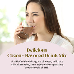 BioVanish Keto Activate Cocoa Drink label close-up emphasizing exogenous ketones for performance.