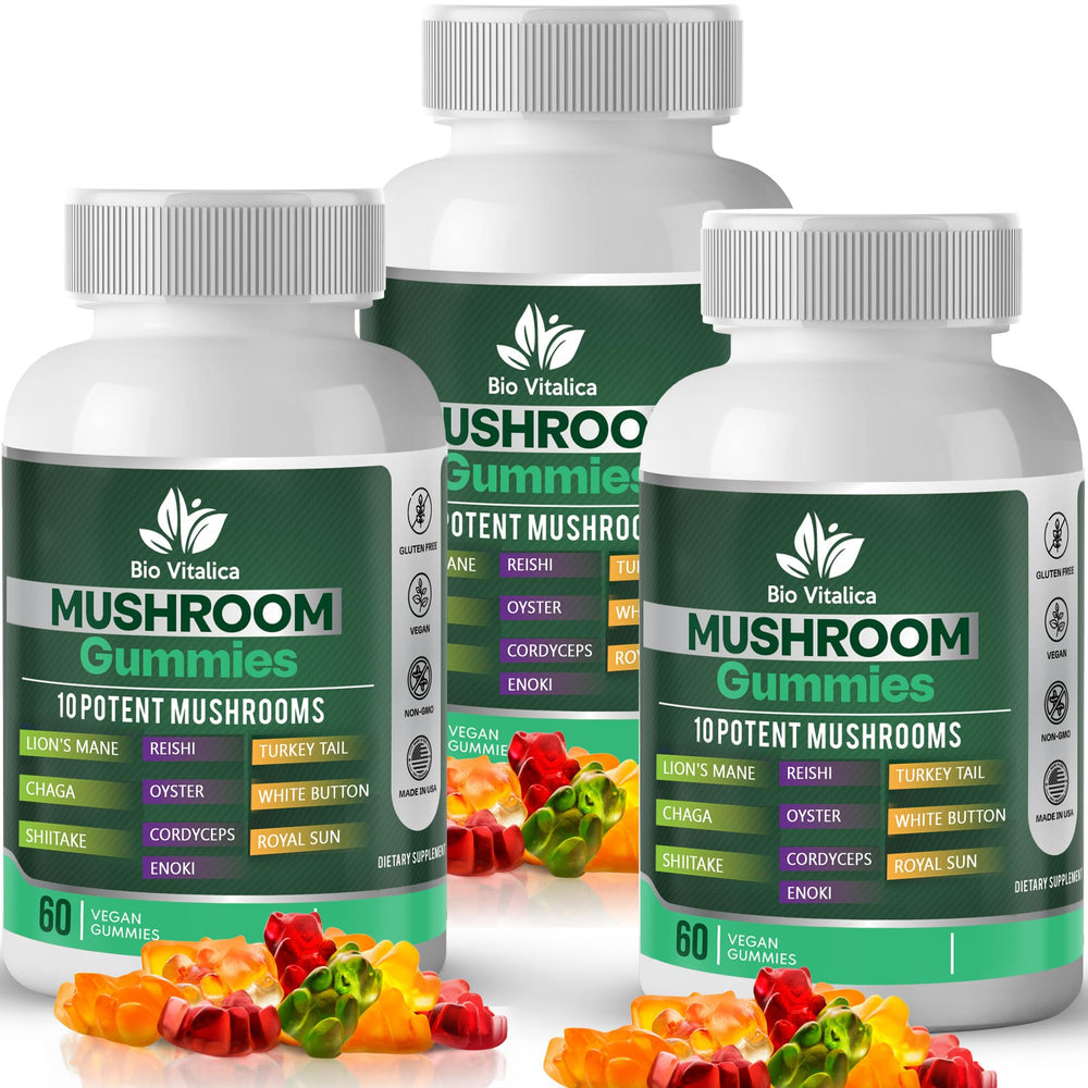 BIO VITALICA Mushroom Gummies jar front view, fruity vegan wellness