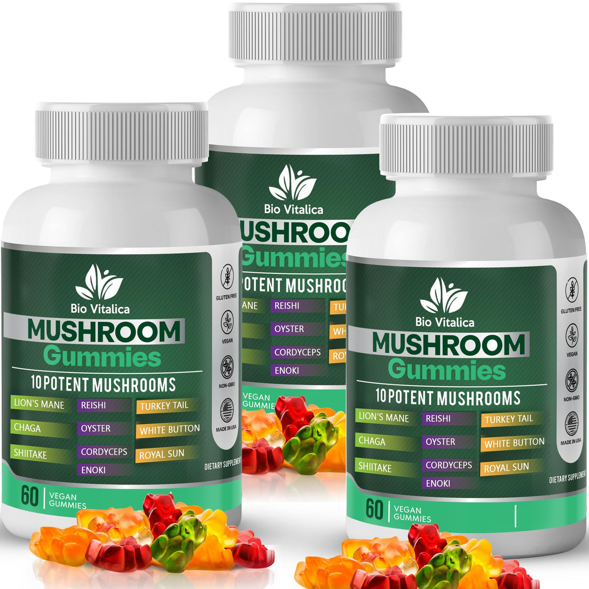 BIO VITALICA Mushroom Gummies jar front view, fruity vegan wellness
