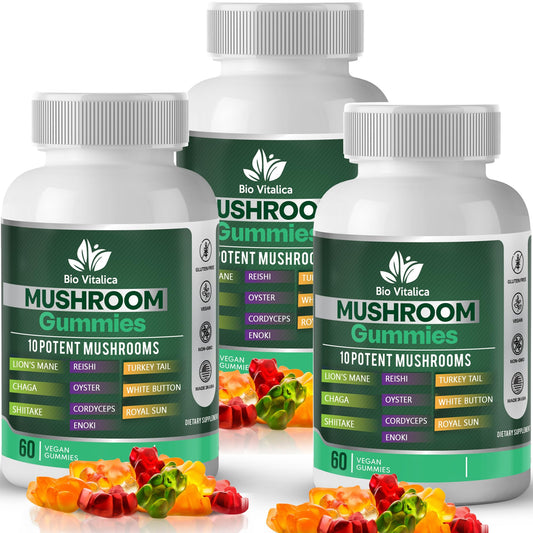 BIO VITALICA Mushroom Gummies jar front view, fruity vegan wellness