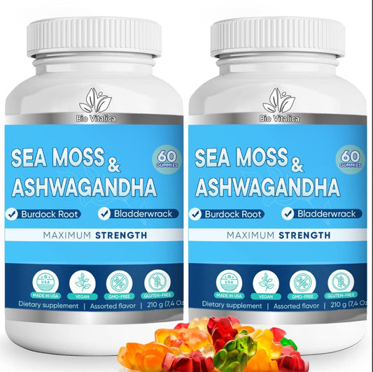 Bio Vitalica Sea Moss Ashwagandha Gummies bottle showcasing convenient daily energy support