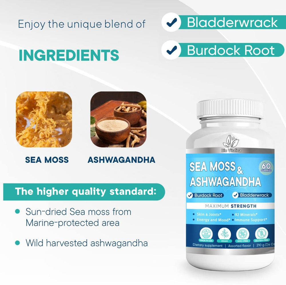 Bio Vitalica ingredients panel featuring sea moss and ashwagandha for daily wellness nutrients