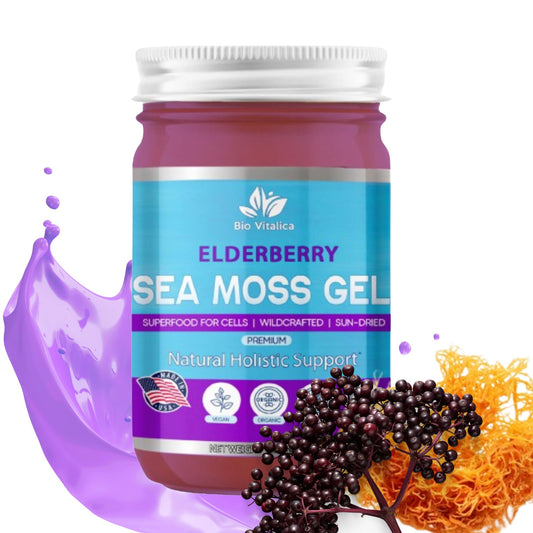 BioVitalica Sea Moss Gel Elderberry bottle for daily wellness and premium packaging.