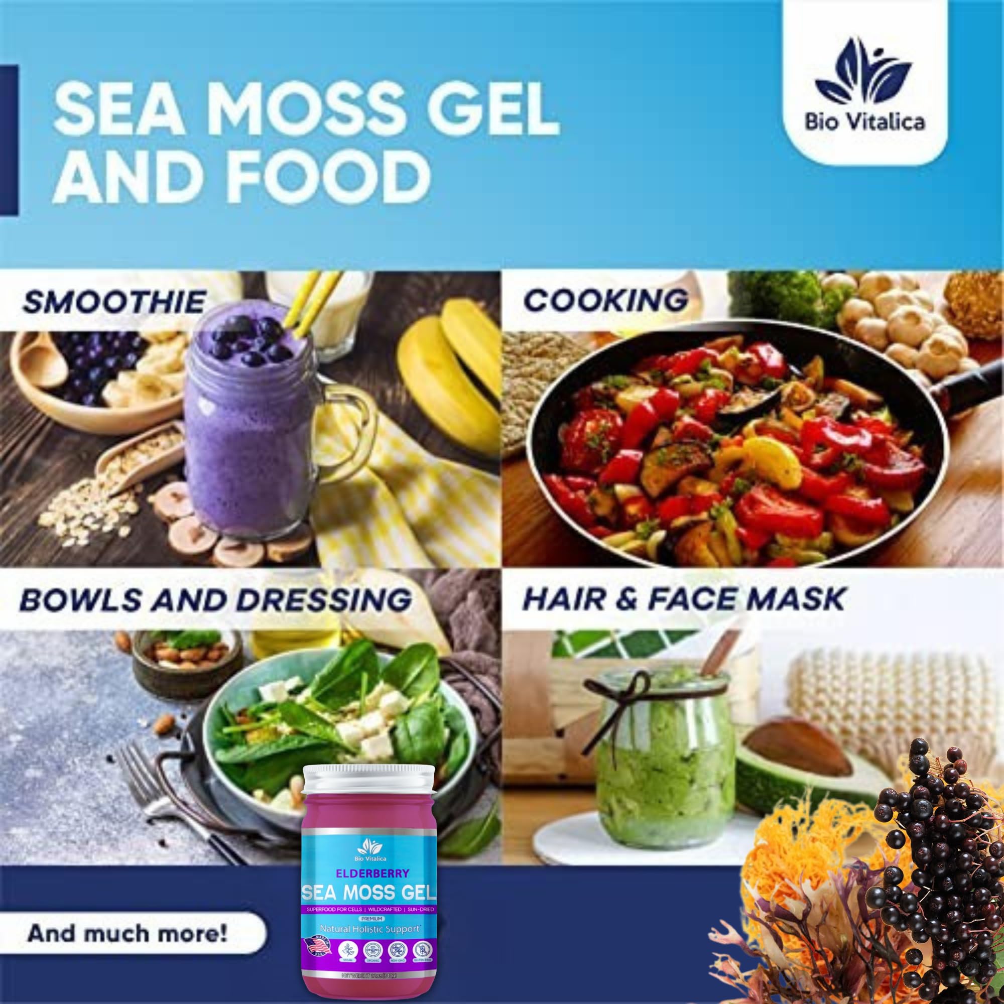 BioVitalica Sea Moss Gel Elderberry spoon ready for quick daily servings.