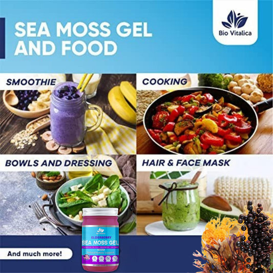 BioVitalica Sea Moss Gel Elderberry spoon ready for quick daily servings.