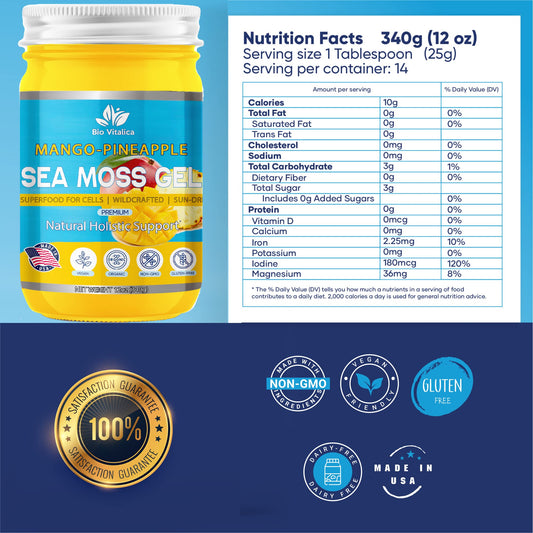Bio Vitalica Sea Moss Gel Mango-Pineapple jar close-up for daily nutrition