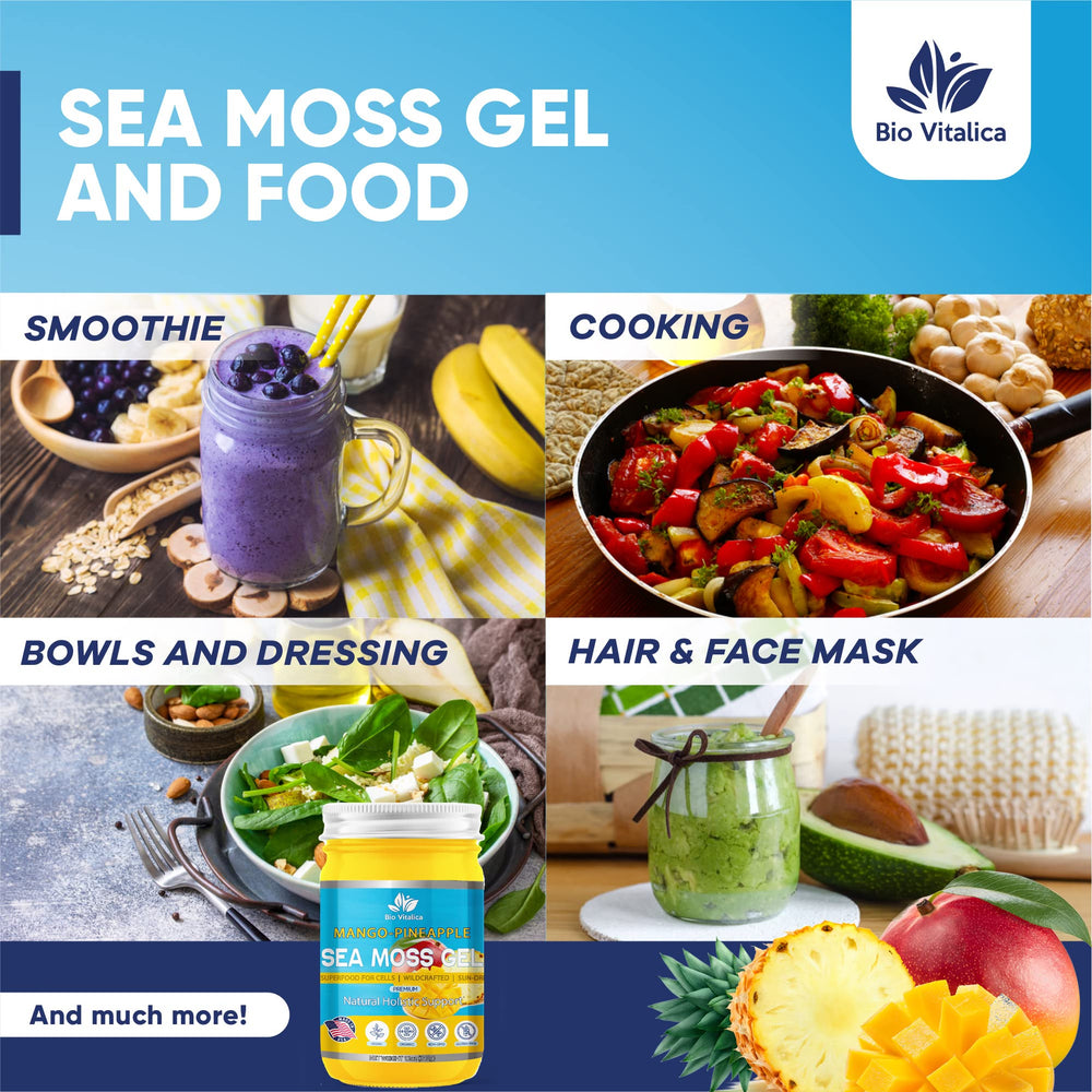 Bio Vitalica Sea Moss Gel Mango-Pineapple label highlights organic ingredients