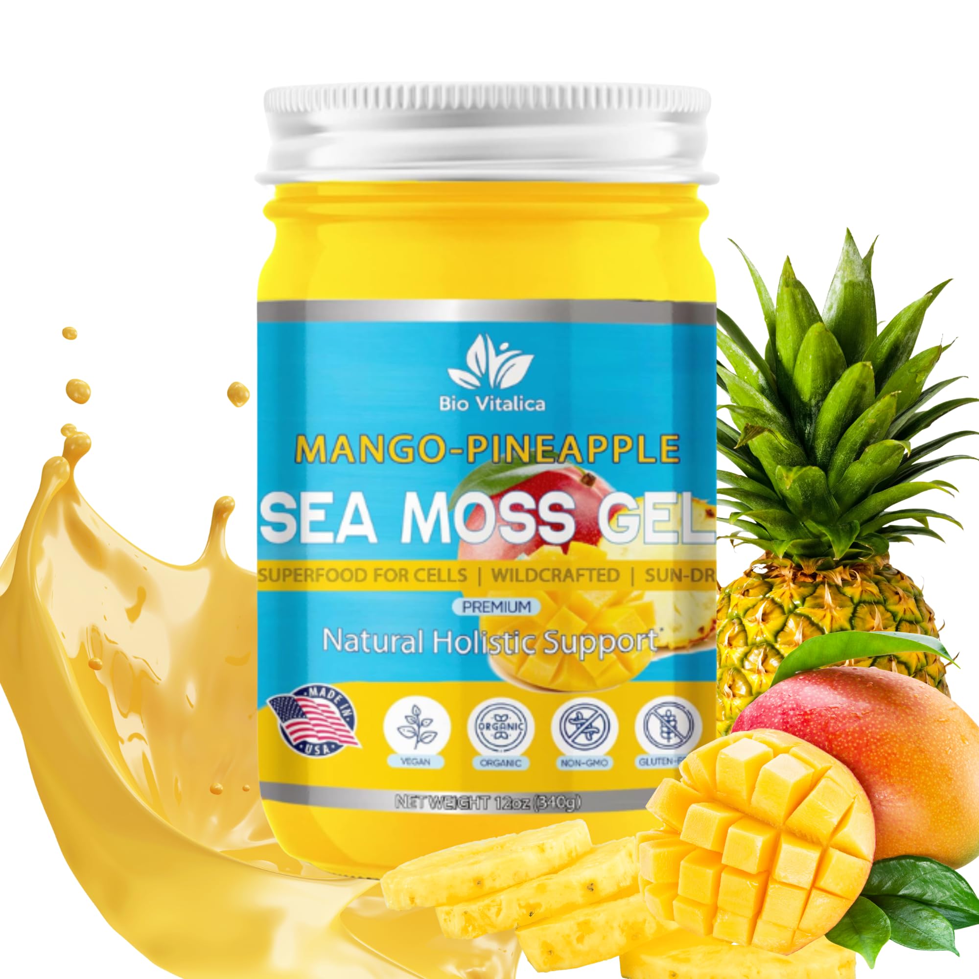 Bio Vitalica Sea Moss Gel Mango-Pineapple being poured into a glass for smoothies