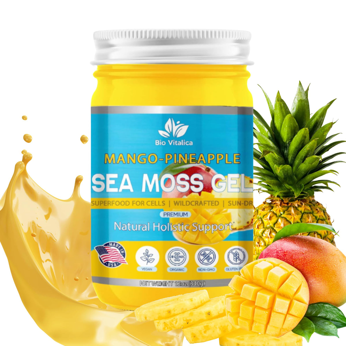 Bio Vitalica Sea Moss Gel Mango-Pineapple being poured into a glass for smoothies