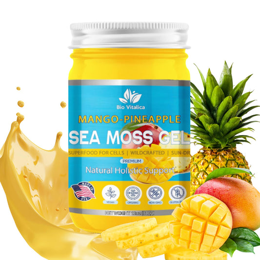 Bio Vitalica Sea Moss Gel Mango-Pineapple being poured into a glass for smoothies