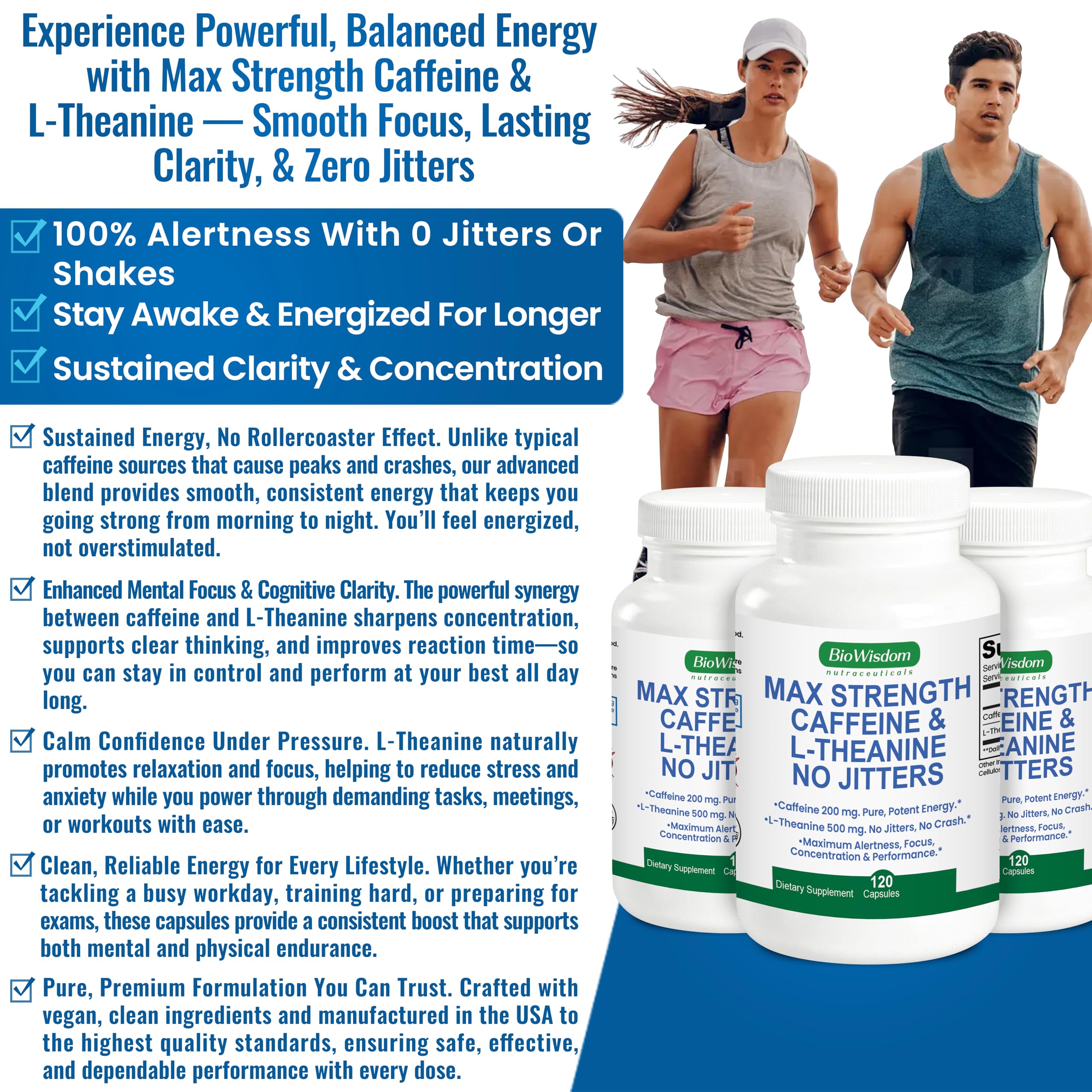 BioWisdom bottle label highlighting no jitters and sustained alertness for focus.