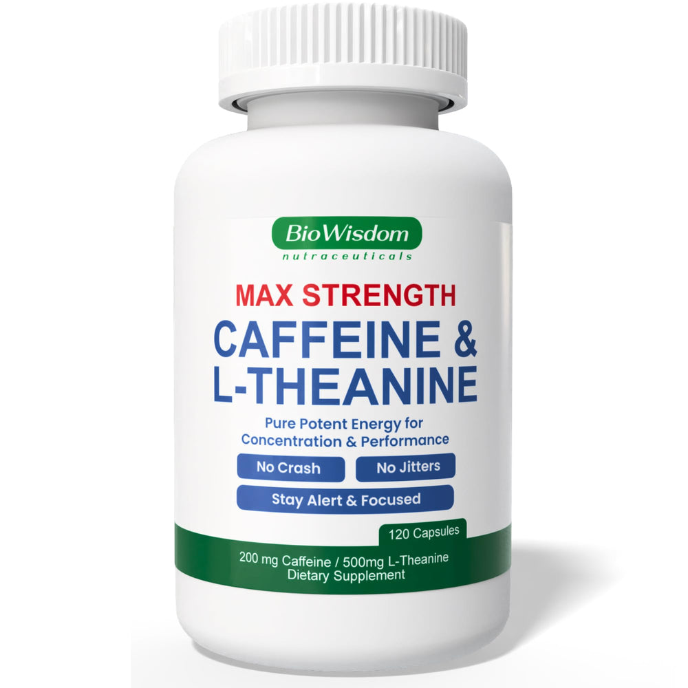 BioWisdom Max Strength bottle with calm focus messaging and potent caffeine-L-Theanine.