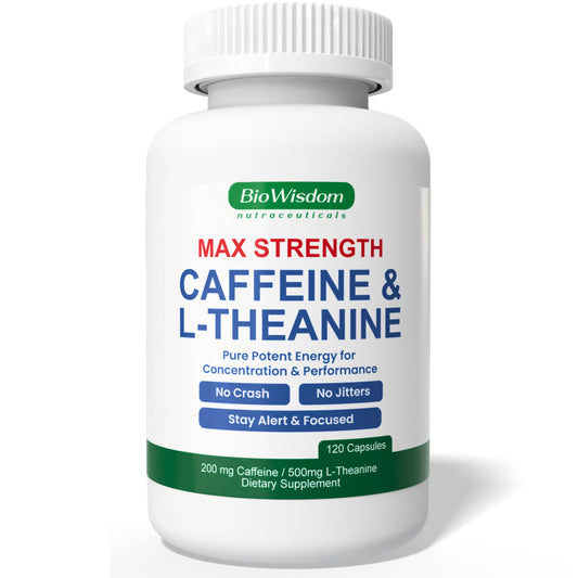 BioWisdom Max Strength bottle with calm focus messaging and potent caffeine-L-Theanine.