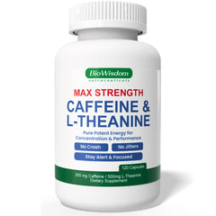 BioWisdom Max Strength bottle with calm focus messaging and potent caffeine-L-Theanine.