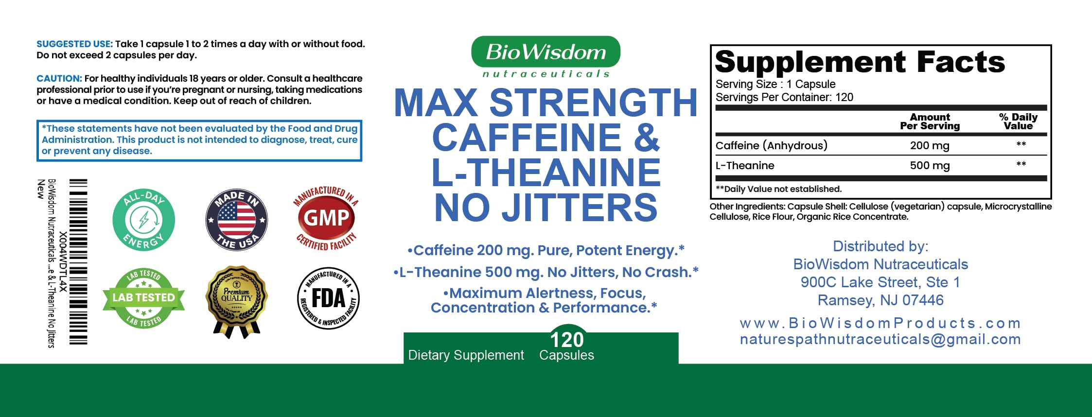 Close-up of BioWisdom pill showing 200mg caffeine and 500mg L-Theanine for jitter-free energy.