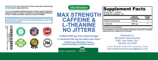 Close-up of BioWisdom pill showing 200mg caffeine and 500mg L-Theanine for jitter-free energy.