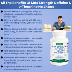 Product packaging front view emphasizing high‑strength caffeine and L‑Theanine blend.