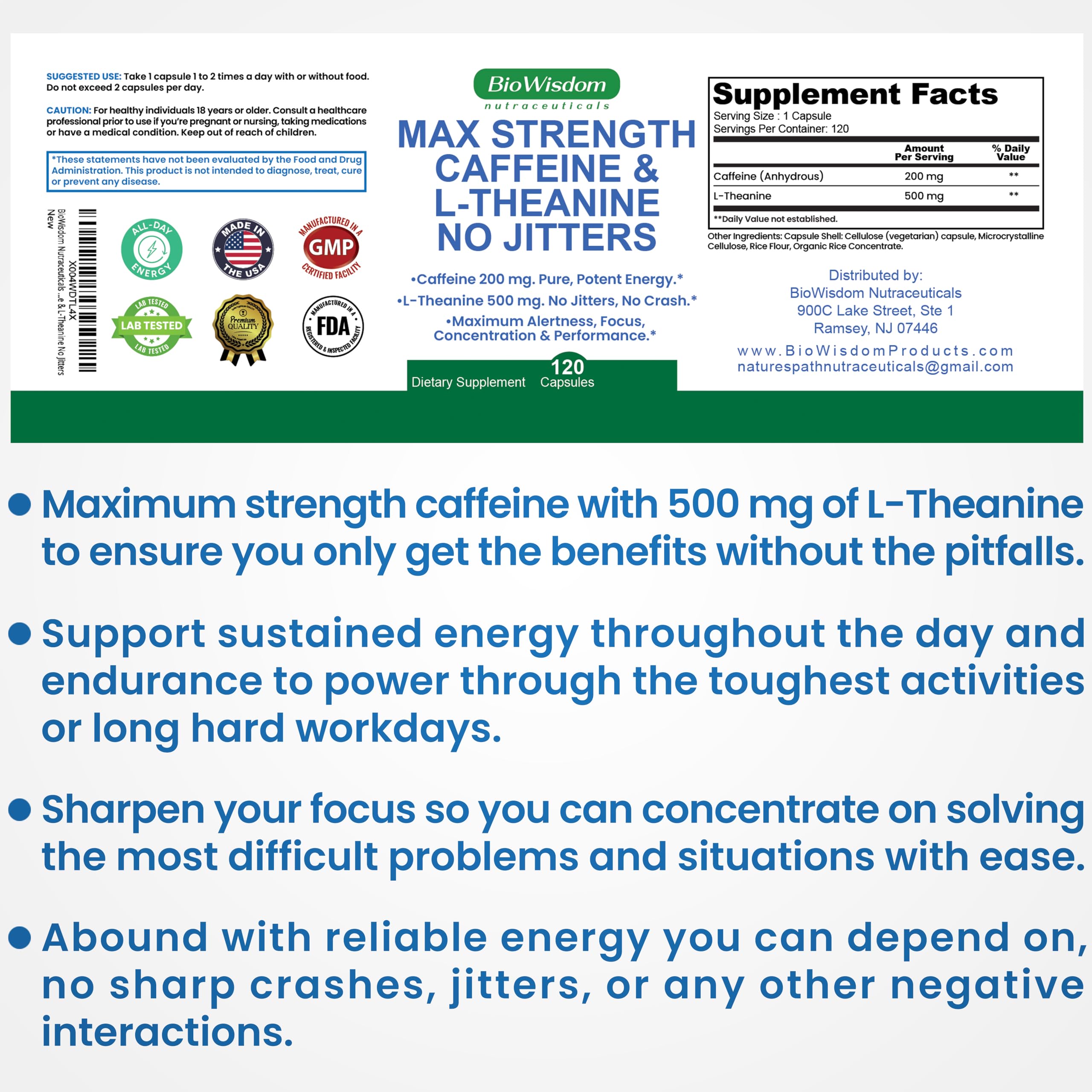 Shelf display of BioWisdom Max Strength Caffeine L-Theanine as a daily energy option.