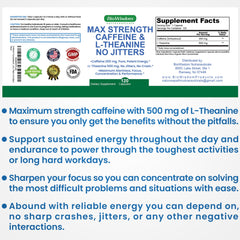 Shelf display of BioWisdom Max Strength Caffeine L-Theanine as a daily energy option.