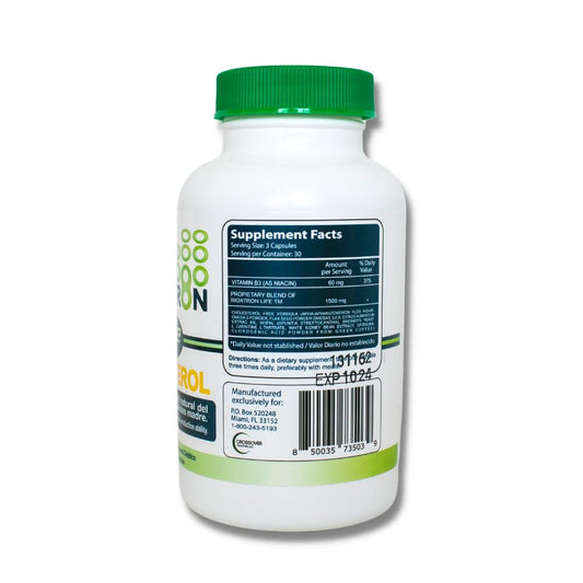 Close-up of the Bioxtron Life label highlighting natural wellness attributes.