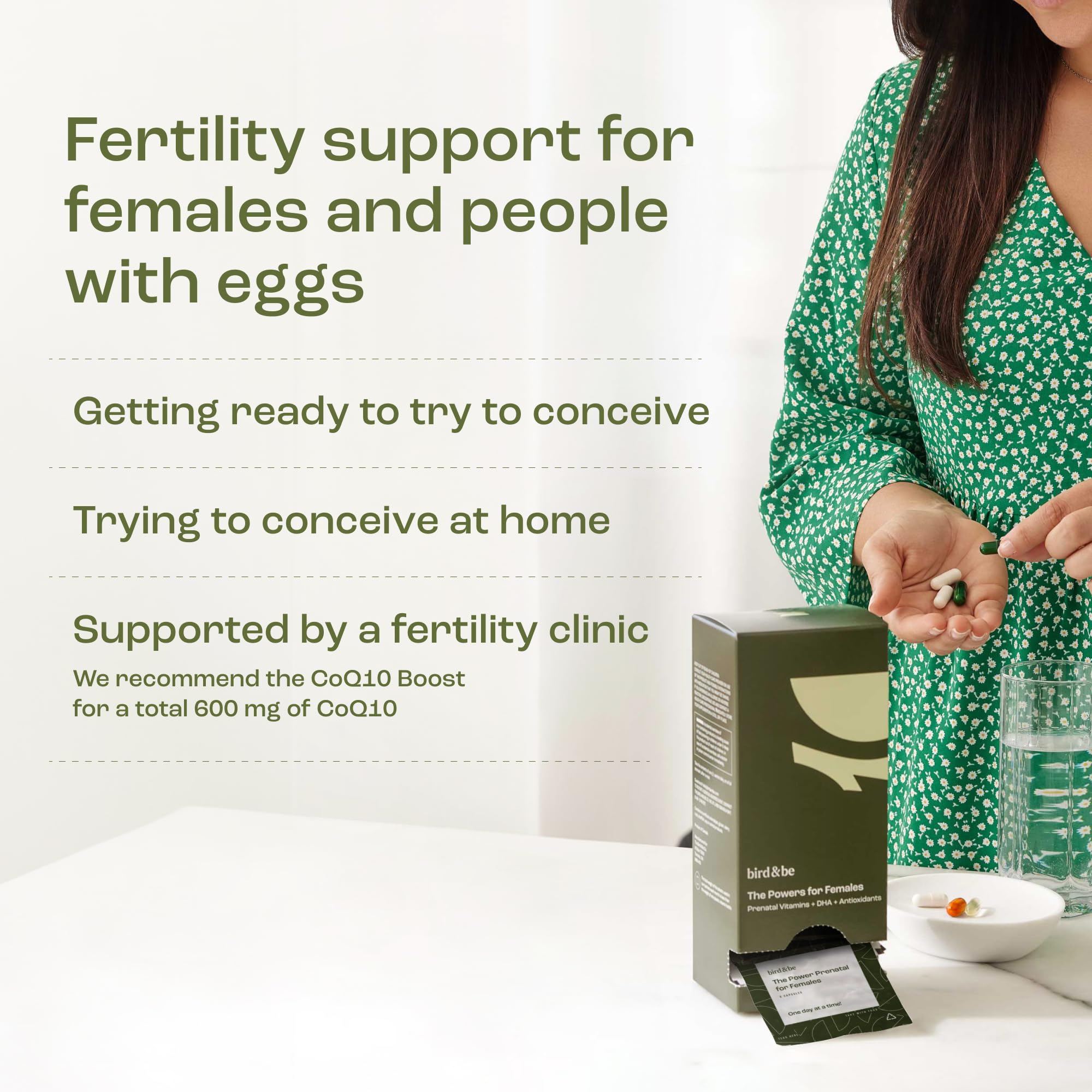 bird&be Power Prenatal CoQ10 NAC capsules for everyday vitality.