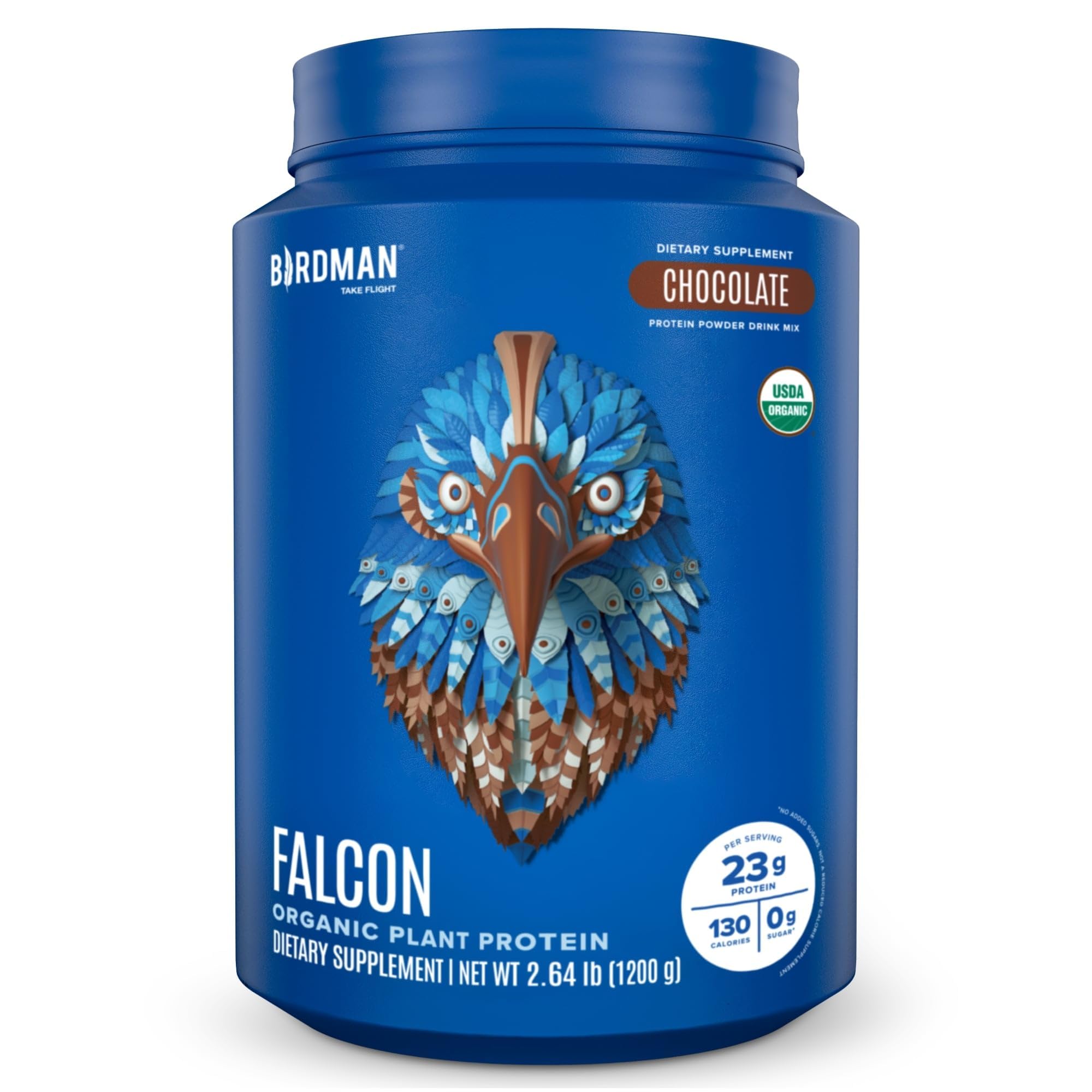 BirdMAN Falcon chocolate vegan protein powder bottle for post-workout shakes