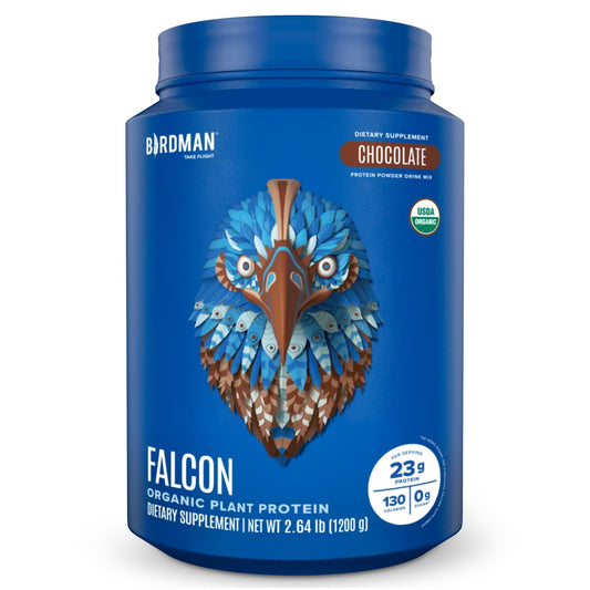 BirdMAN Falcon chocolate vegan protein powder bottle for post-workout shakes
