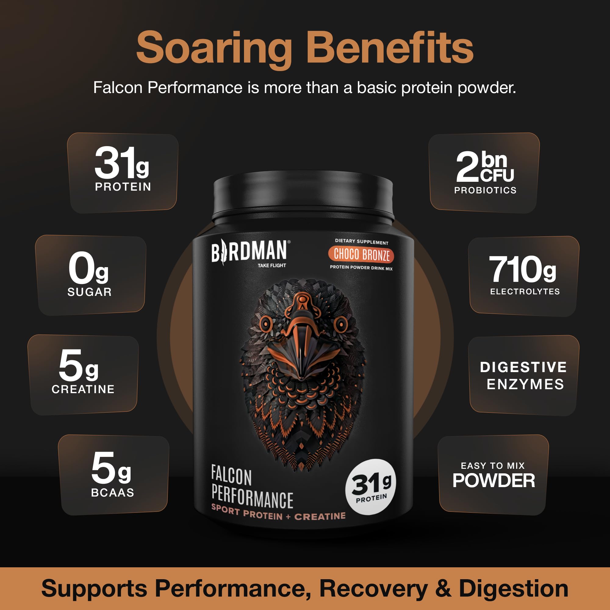 Birdman Falcon Performance powder being dispensed for a precise protein serving