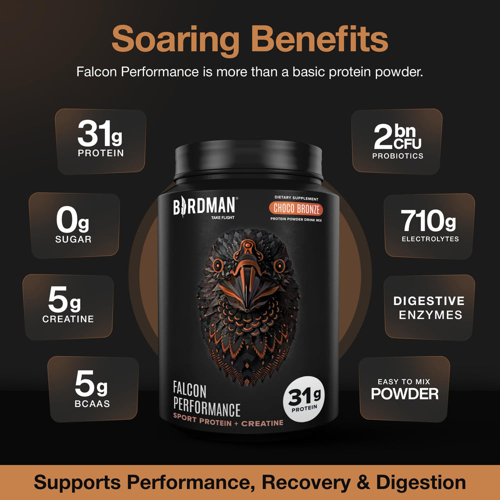 Birdman Falcon Performance powder being dispensed for a precise protein serving