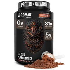 Birdman Falcon Performance protein powder tub front view highlighting plant-based formula