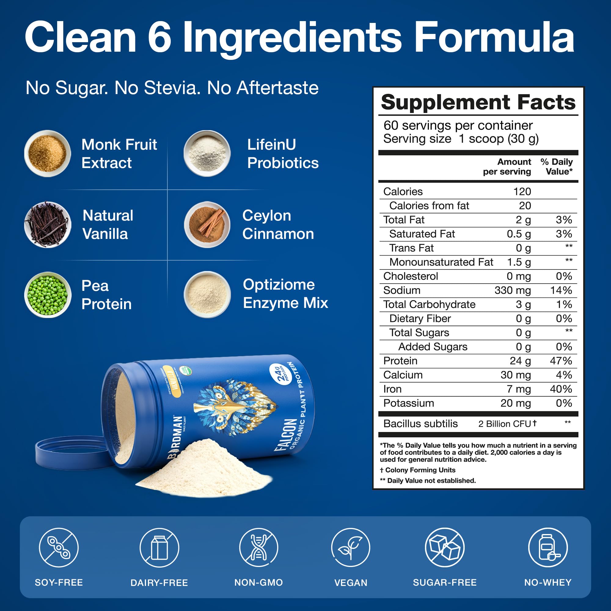 Packaging image emphasizes organic, dairy-free, plant-based formula for daily use.