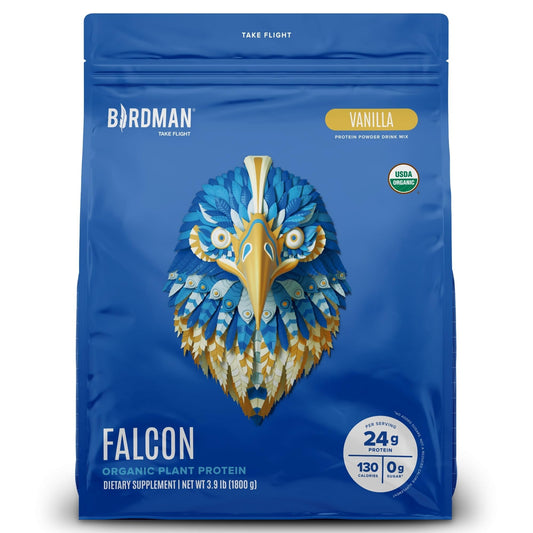 Birdman Falcon Vanilla protein powder tub highlights a dairy-free protein option for workouts.