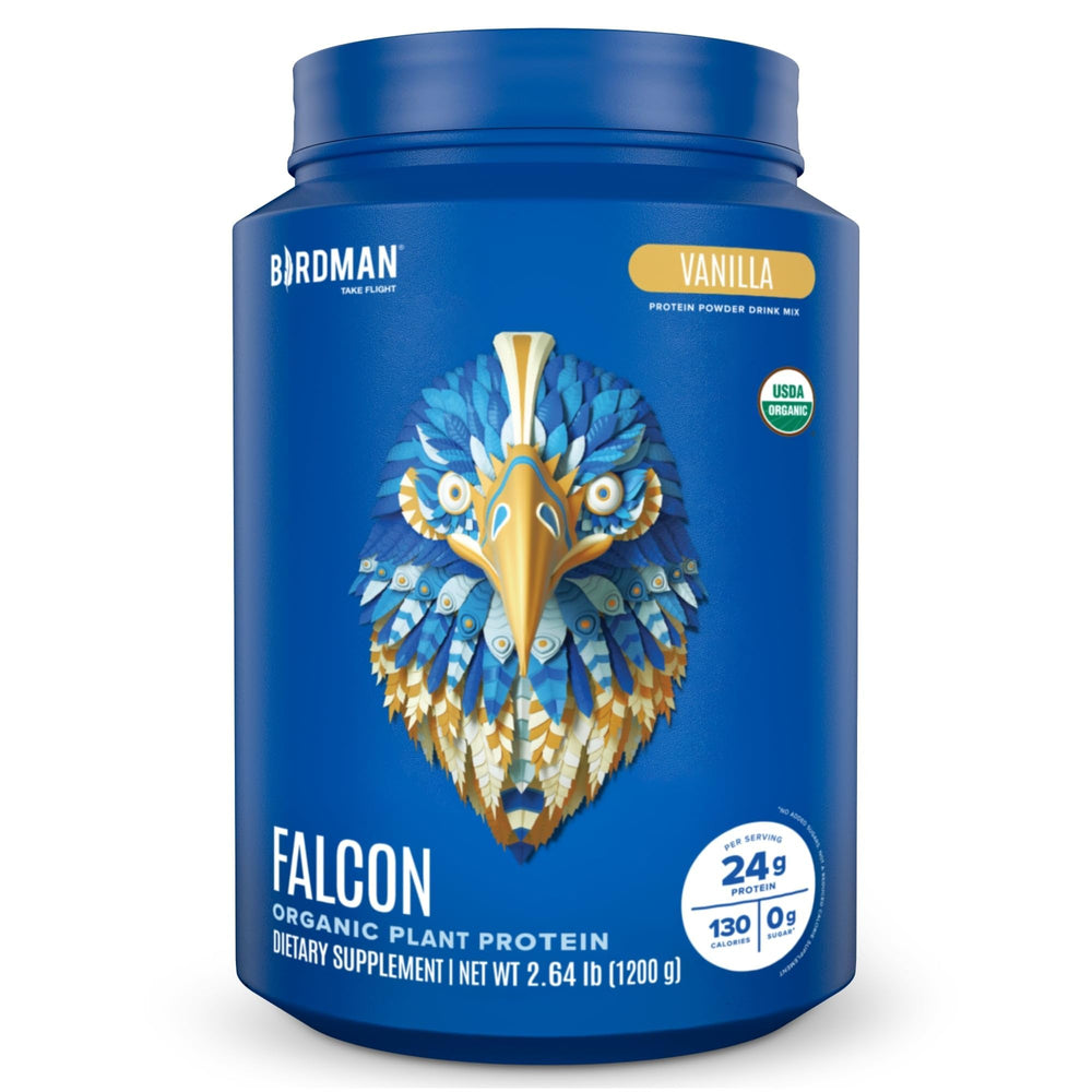 Birdman Falcon vegan protein vanilla powder boosts post-workout shakes with clean pea protein.