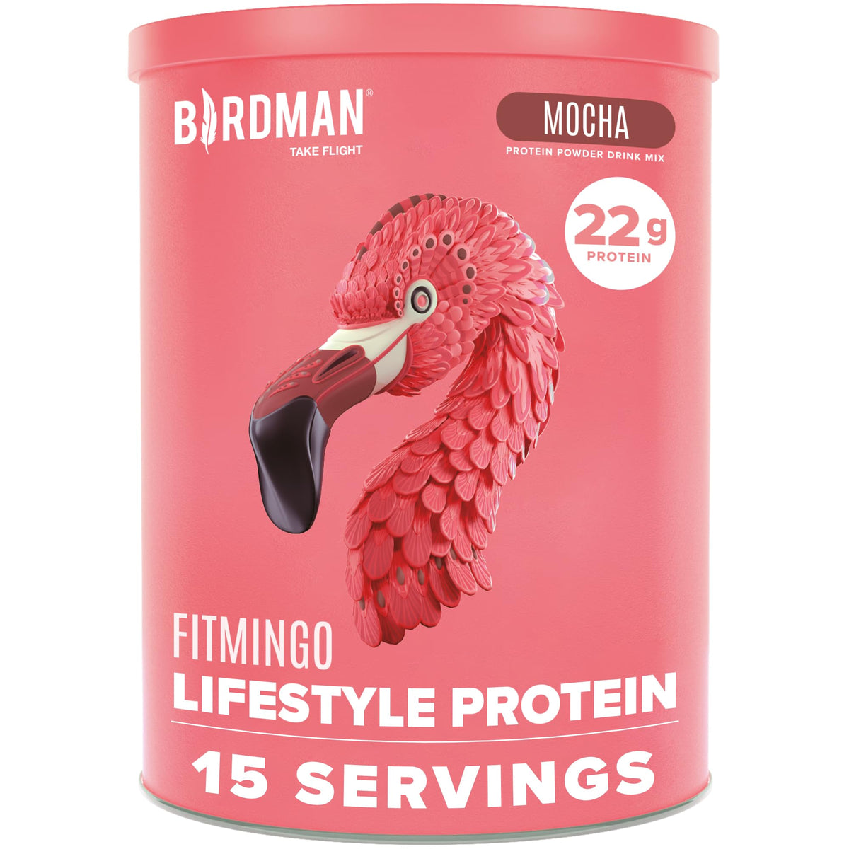 Birdman Fitmingo blueberry protein powder container front highlighting 23g plant-based protein per serving