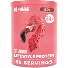 Birdman Fitmingo blueberry protein powder container front highlighting 23g plant-based protein per serving